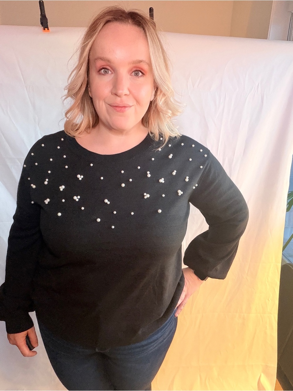 Joe Fresh Black Pearl-Embellished Crewneck Sweater